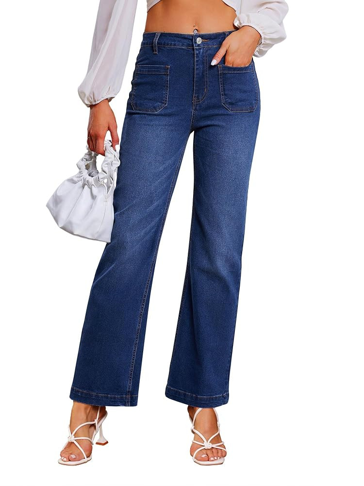 Genleck Wide Leg Jeans for Women – High Waisted Stretch Front Patch Pockets Trendy Jeans Baggy ... | Amazon (US)