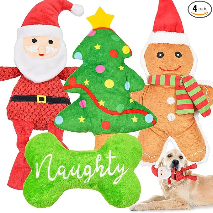 Christmas Dog Toys, 4pcs Stuffed Dog Squeaky Toys for Teething and Chewing, Tough Xmas Gift Toy B... | Amazon (US)