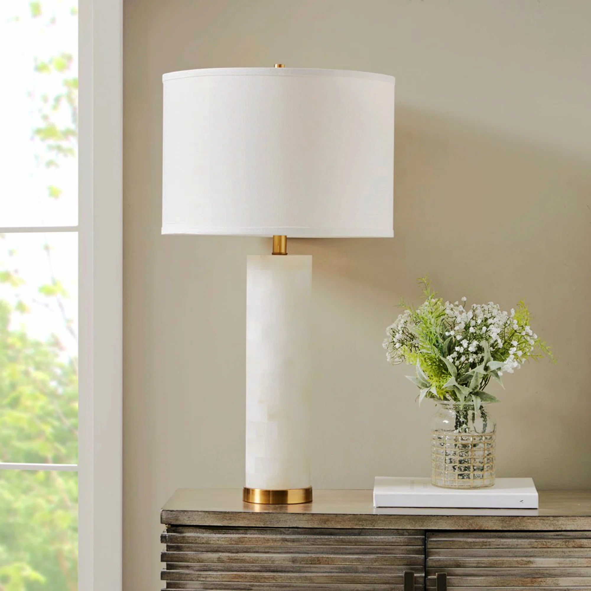 Everly Quinn Houchens Alabaster Table Lamp with Alabaster Base and Polarized Plug | Wayfair | Wayfair North America
