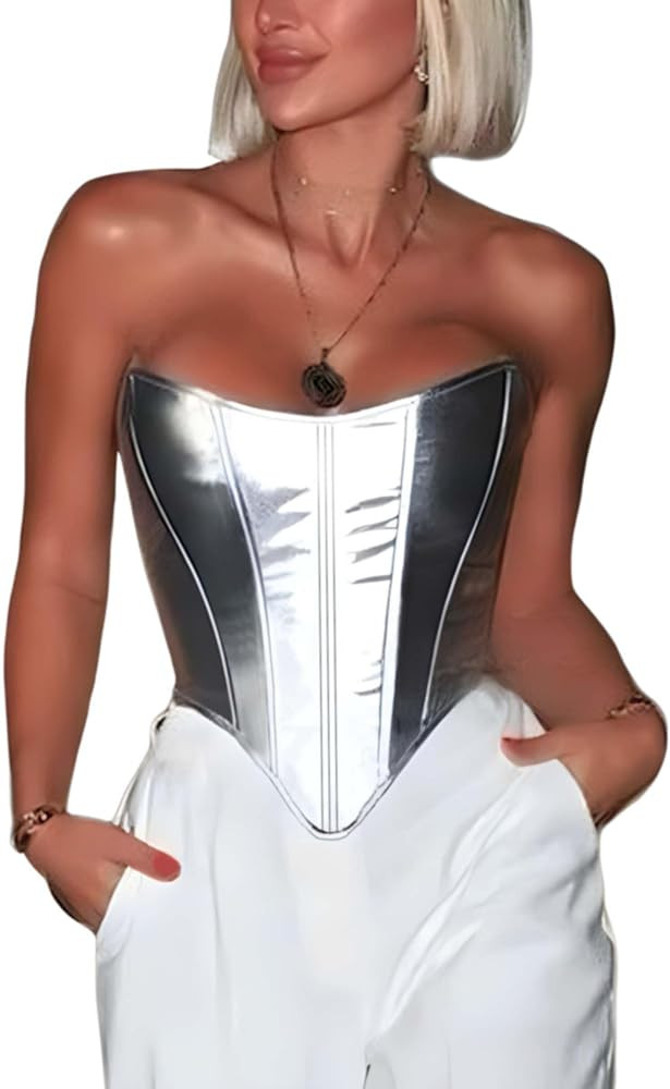 ABMOIU Leather Corset Tops for Women Strapless Lace Up Boned Sweetheart Neck Bodyshaper Bustier S... | Amazon (US)