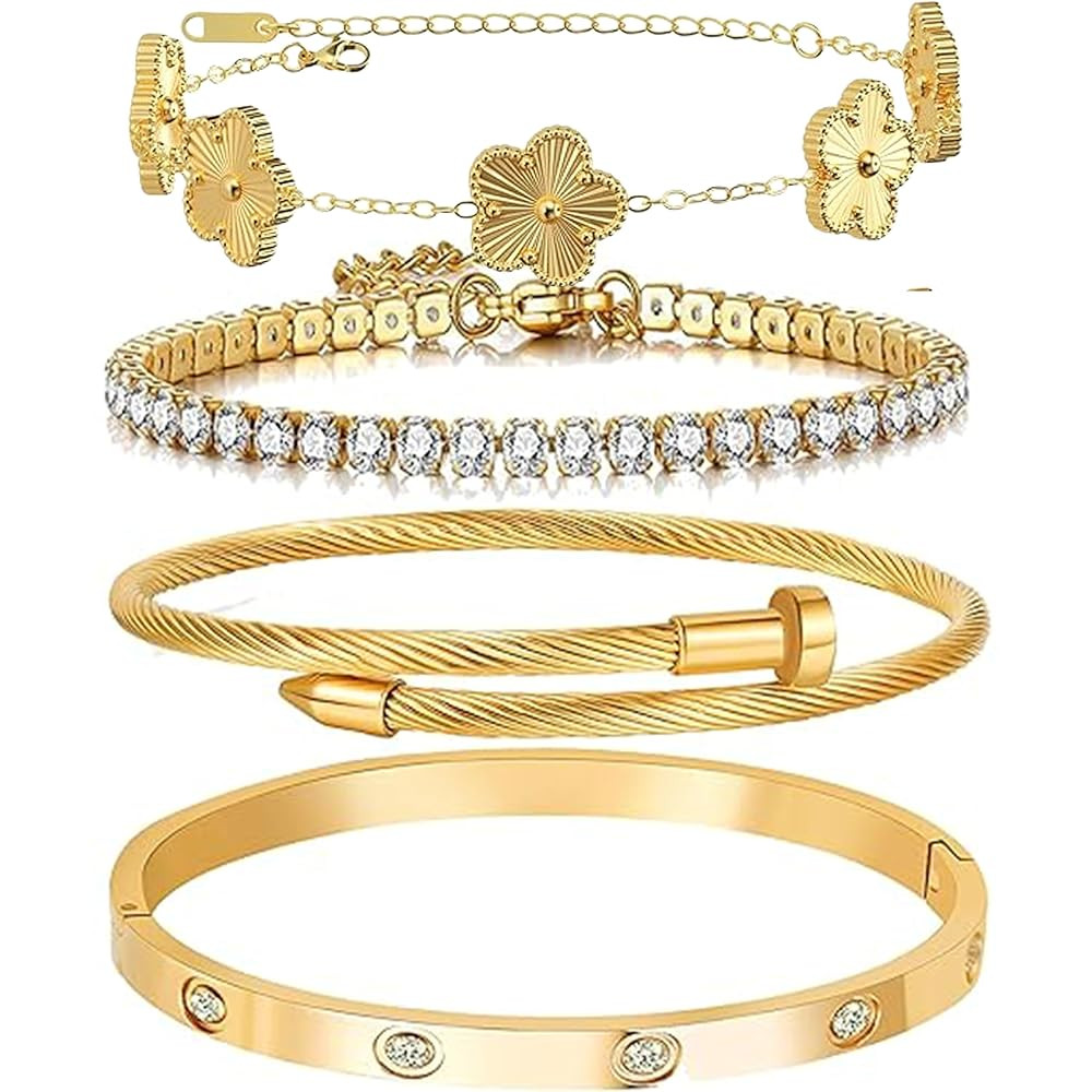 Lamdo 18K Gold Plated Womens Stackable Floral Gold Clover Bracelets Set Love Bangle Bracelets Non... | Amazon (US)