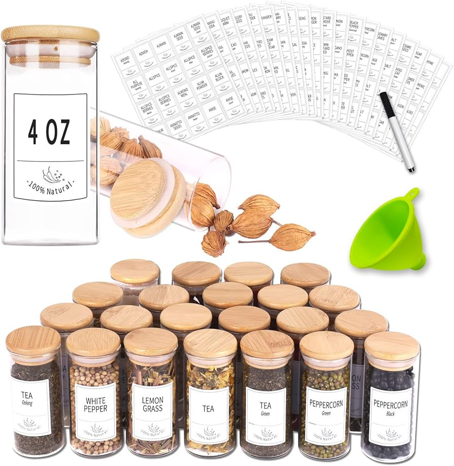 Churboro 24 Glass Spice Jars with Bamboo Airtight Lids, 400 Spice Labels, Funnel and Chalk Marker... | Amazon (US)