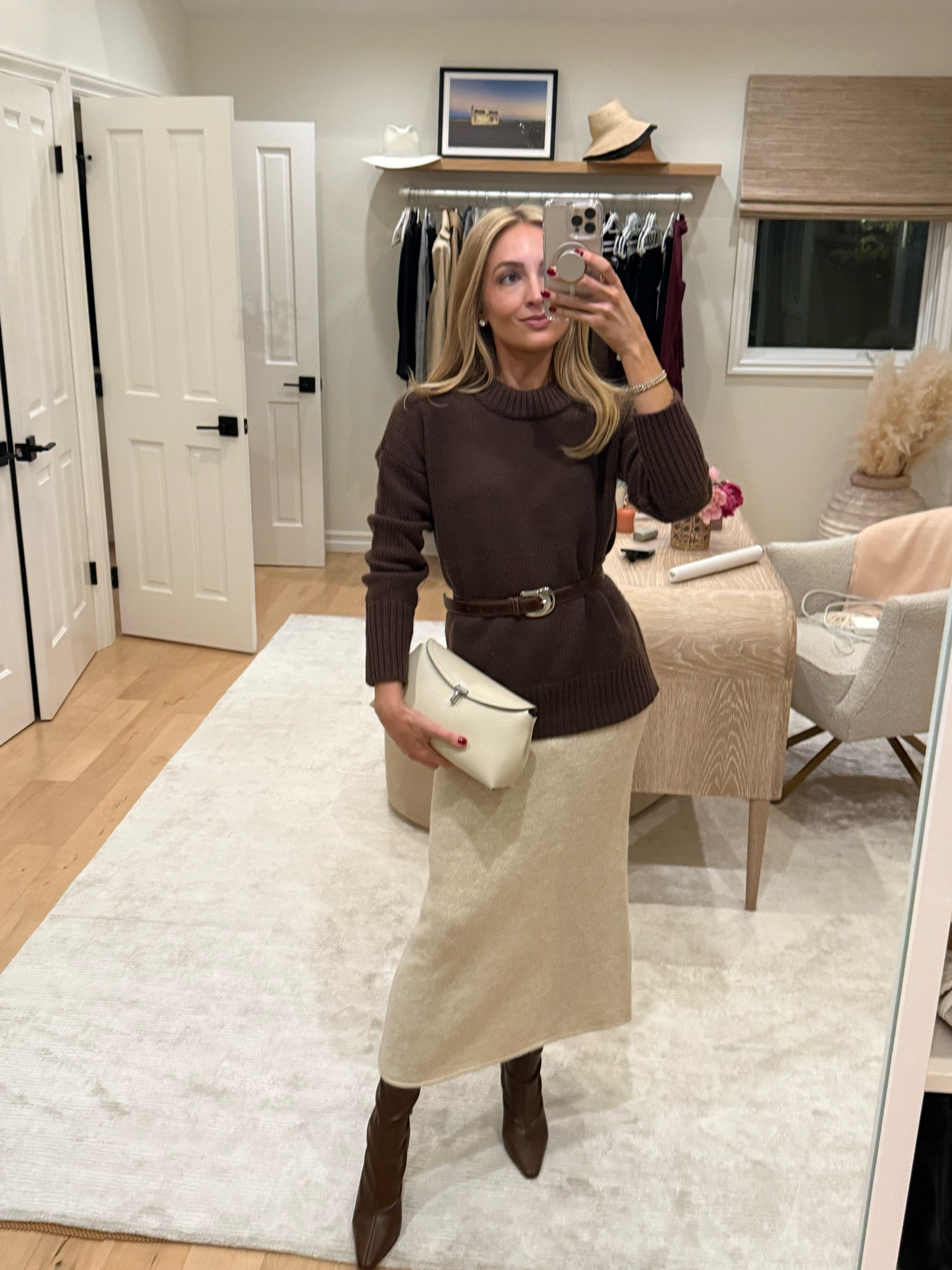 Headed to dinner at Le Petit Trois in this brown/cream combo 🐻 skirt is old Zara and boots Gia last winter but linked the rest!

Sizes worn here:
Sweater XS (TTS relaxed fit)
Belt XS (TTS)

#LTKItBag #LTKStyleTip