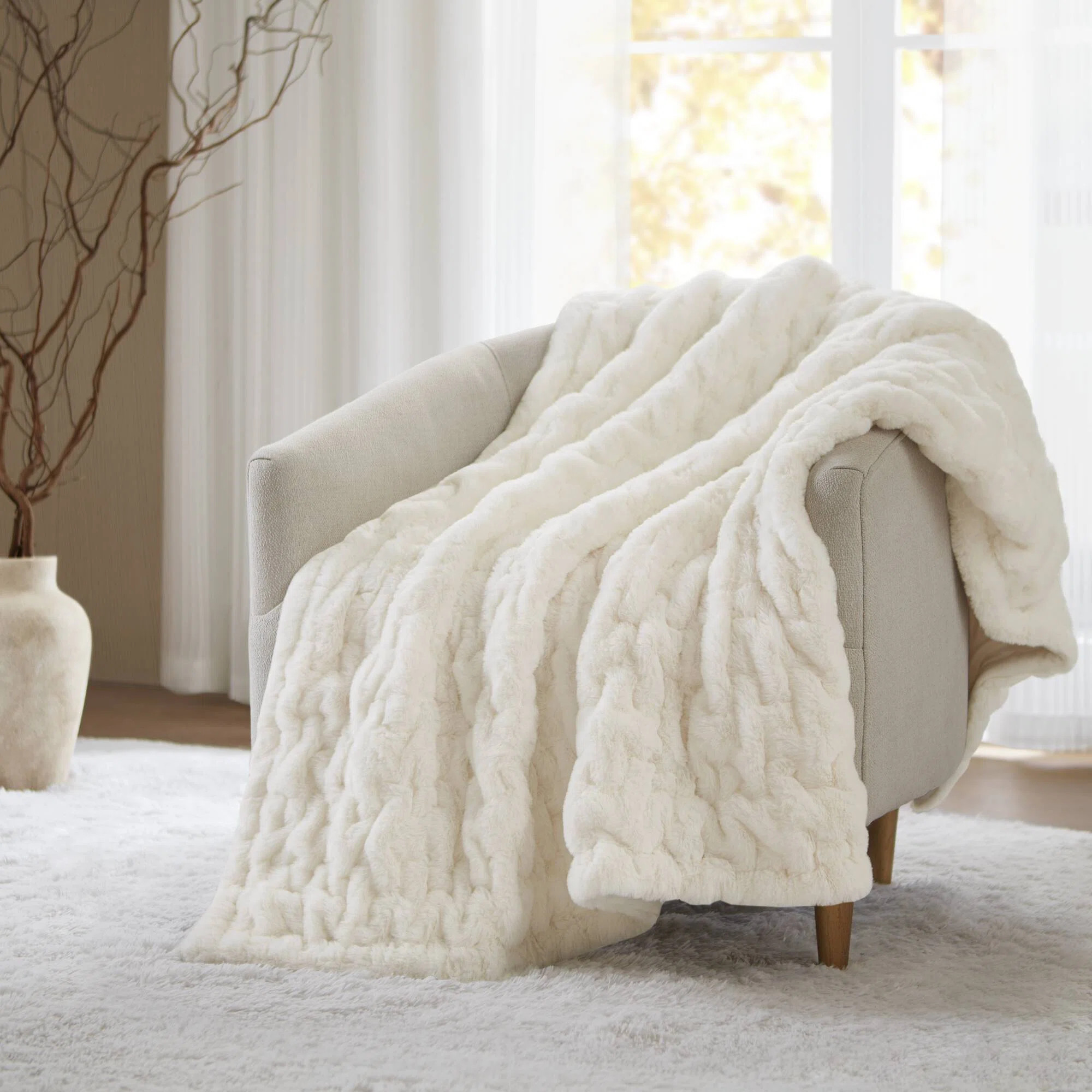 Ivory Ruched Fur Throw 50x60" | Wayfair North America