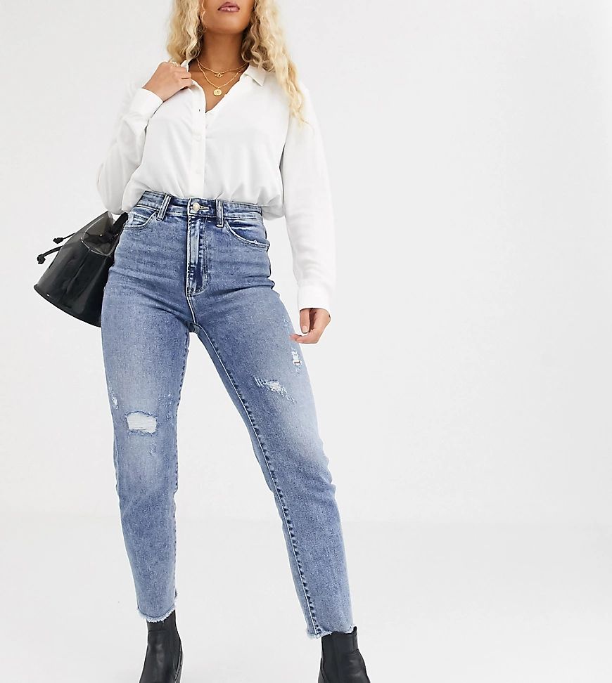 Stradivarius slim mom jean with stretch and rip detail in light blue-Blues | ASOS (Global)