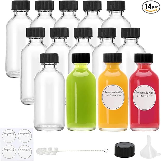 CUCUMI 14pcs 2oz Small Clear Glass Bottles with Lids for Liquids, Tiny Short Jars with Caps Mini ... | Amazon (US)