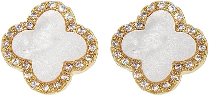 Four Leaf Clover Earrings Silver Needle Clover Earrings Full of Diamond Zircon Anti-Allergy Jewel... | Amazon (US)
