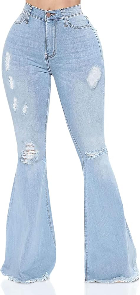 Bell Bottom Jeans for Women Ripped High Waisted Classic Flared Denim Pants | Amazon (US)