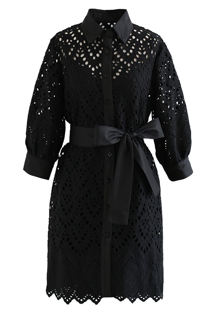 Diamond Eyelet Crochet Button Down Dress in Black | Chicwish