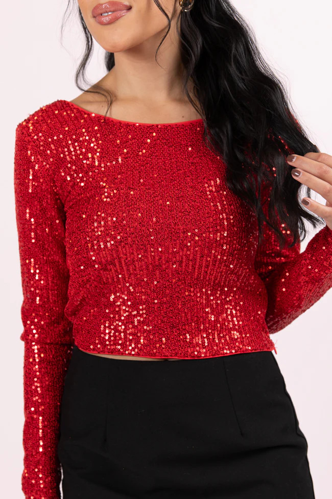 Tidings To You Red Smocked Back Sequin Top | Pink Lily