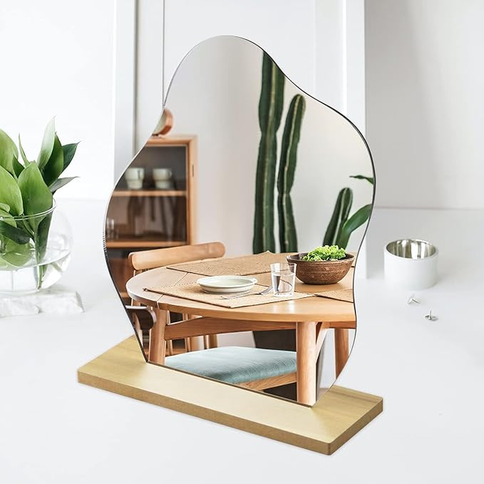 Irregular Aesthetic Vanity Mirror, Frameless Acrylic Decorative Desk Tabletop Mirror with Wooden Sta | Amazon (US)