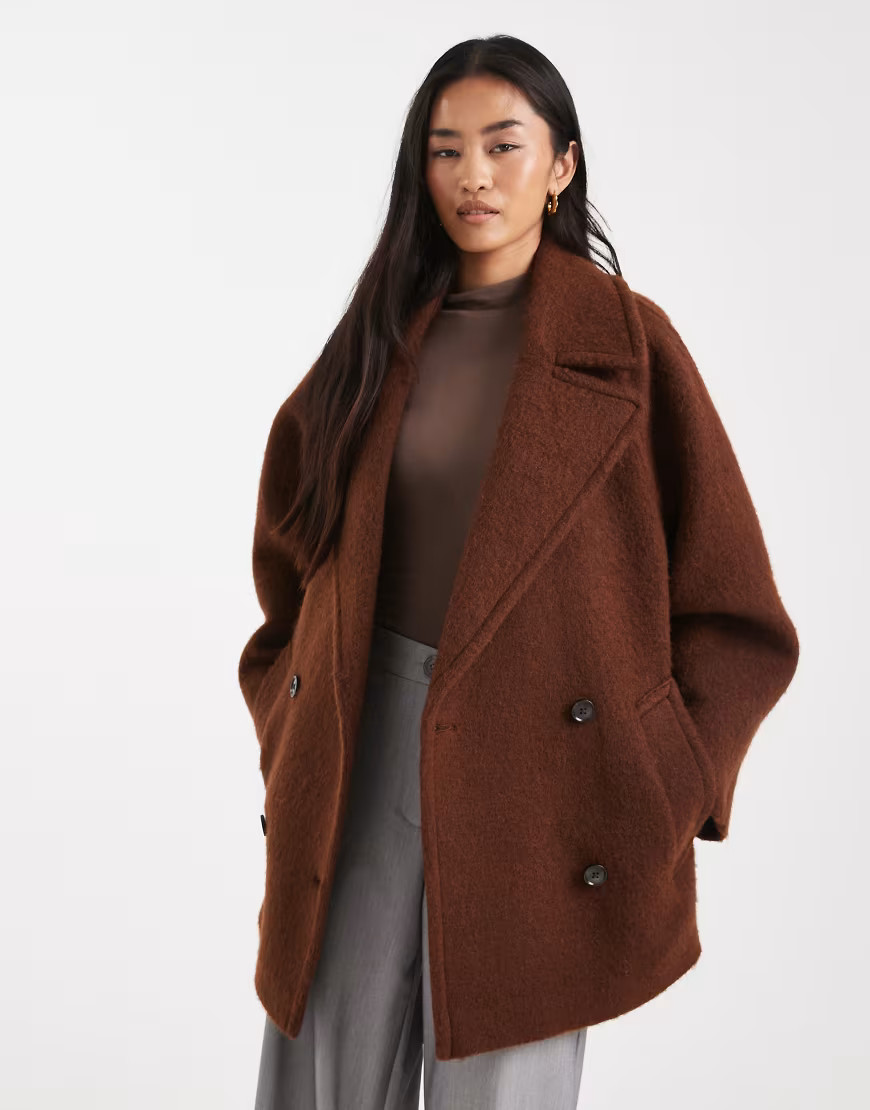 ASOS DESIGN premium wool blend pea coat in toffee-Brown | ASOS (Global)