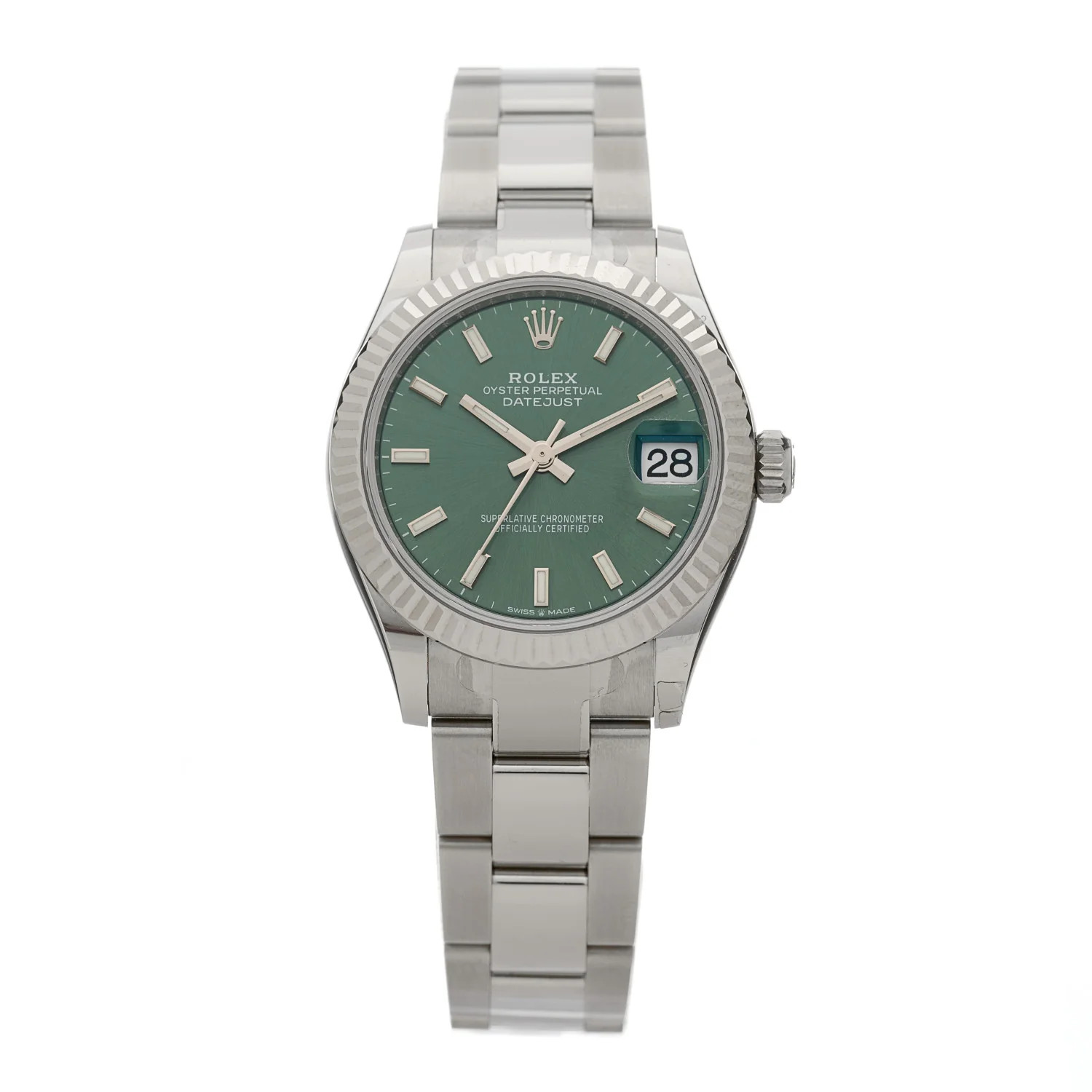 ROLEX Stainless Steel 18K White Gold 31mm Oyster Perpetual Datejust Watch Mint Green 278274 | FASHIONPHILE (US)