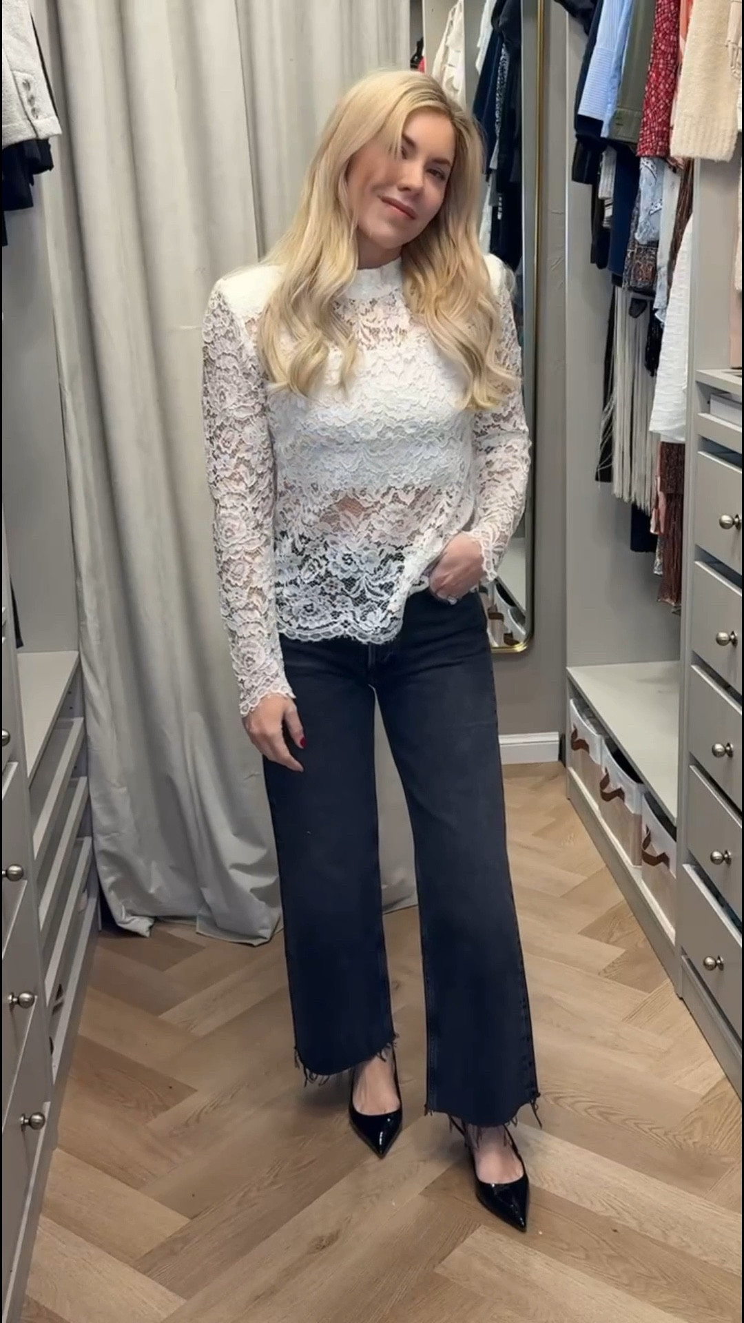 Lace top
Black jeans 
Wide leg cropped jeans 
Kitten heel 

#LTKSeasonal #LTKgrwm #LTKootd