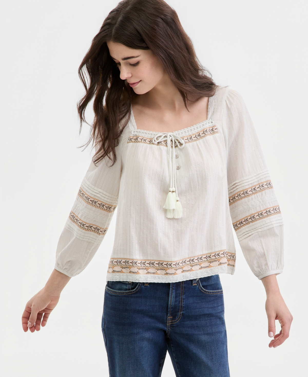 Lucky Brand Women's Embroidered Square-Neck Peasant Top - Aqua Blue | Macy's