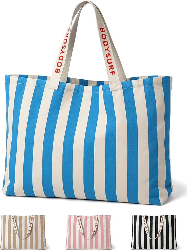 Bodysurf Canvas Tote Bag, Striped Heavy-Duty Beach & Pool Tote for Women with Zippered Pocket, Li... | Amazon (US)