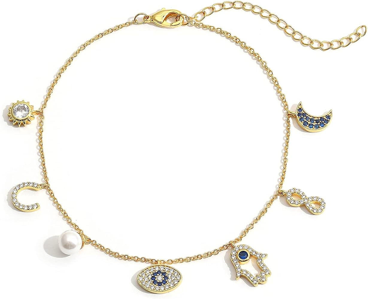 SLOONG Evil Eye Hamsa Hand Necklace 14k Gold Plated Third Eye White Blue Cz Womens Pendant Dainty... | Amazon (US)