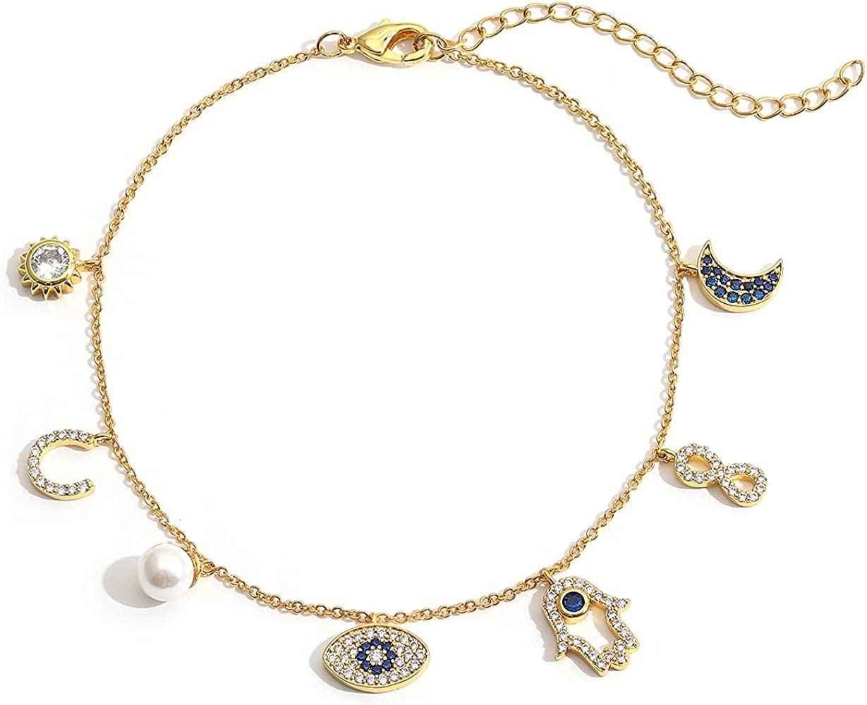 SLOONG Evil Eye Hamsa Hand Necklace 14k Gold Plated Third Eye White Blue Cz Womens Pendant Dainty... | Amazon (US)