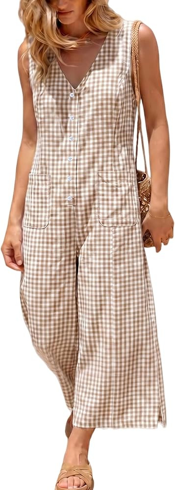 UANEO Women's Button Down Gingham Plaid Jumpsuit Casual Daily Sleeveless Wide Leg Romper Relaxed ... | Amazon (US)