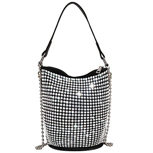 Bydenwely Rhinestone Rivets Bling Purse Bucket Sparke Hobo Bag Small Glitter Diamond Evening Clutch Women Going Out Mini Tote for Prom Party, Silver | Amazon (US)