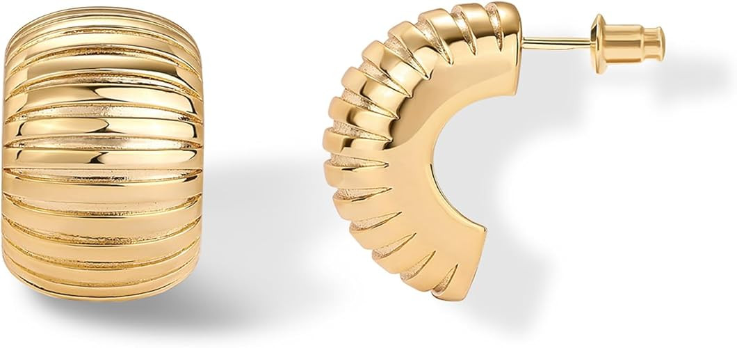 PAVOI 14K Gold Plated Ribbed Hoop Earrings for Women - Chunky Ridge Statement Earrings - Boho Puf... | Amazon (US)