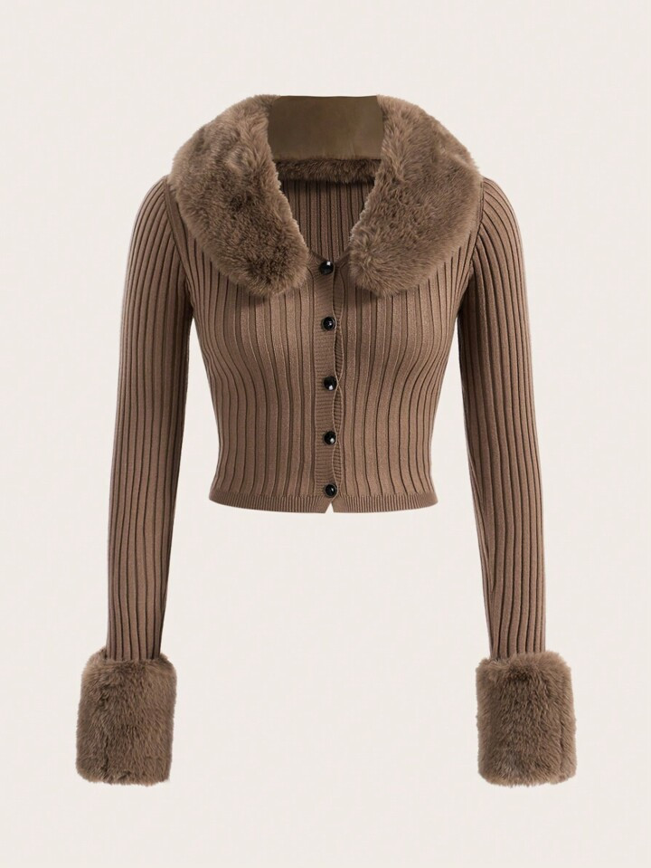 SHEIN ICON Borg Collar Fuzzy Cuff Cardigan,Long Sleeve Tops | SHEIN