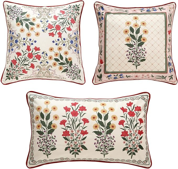 Design Rectangle Square Vintage Floral Throw Pillow Covers Set of 3, Beige Soft Velvet Cushion Co... | Amazon (US)
