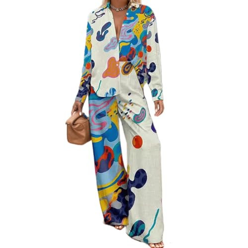 Akivide Women's 2 Piece Outfits Beach Vacation Sets Hawaiian Tropical Long Sleeve Button Down Shirts Elastic Waist Pants | Amazon (US)