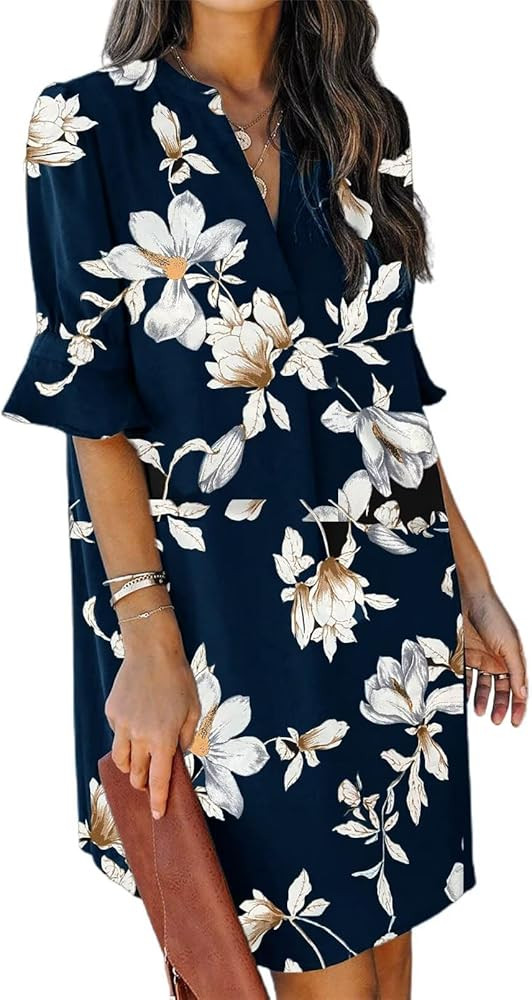 QACOHU Summer Dresses for Women V Neck Ruffle Short Sleeve Casual Shift Dress | Amazon (US)