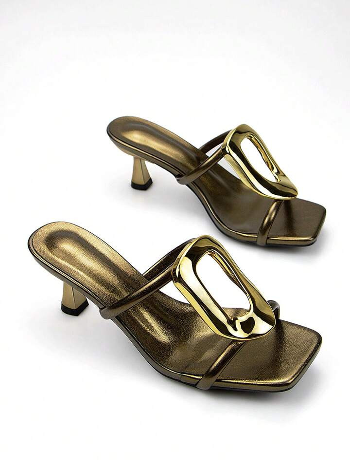 Sandales mules à talons hauts à orteils pointus en tissu métallique bronze élégantes et chic... | SHEIN