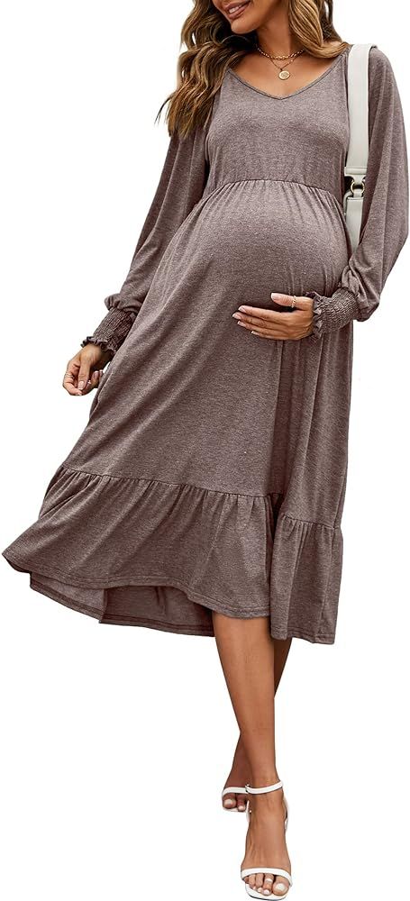 MISSKY Women's Maternity Midi Dress Puff Long Sleeve V-Neck Flowy Dress Pleated Flare with Smocke... | Amazon (US)