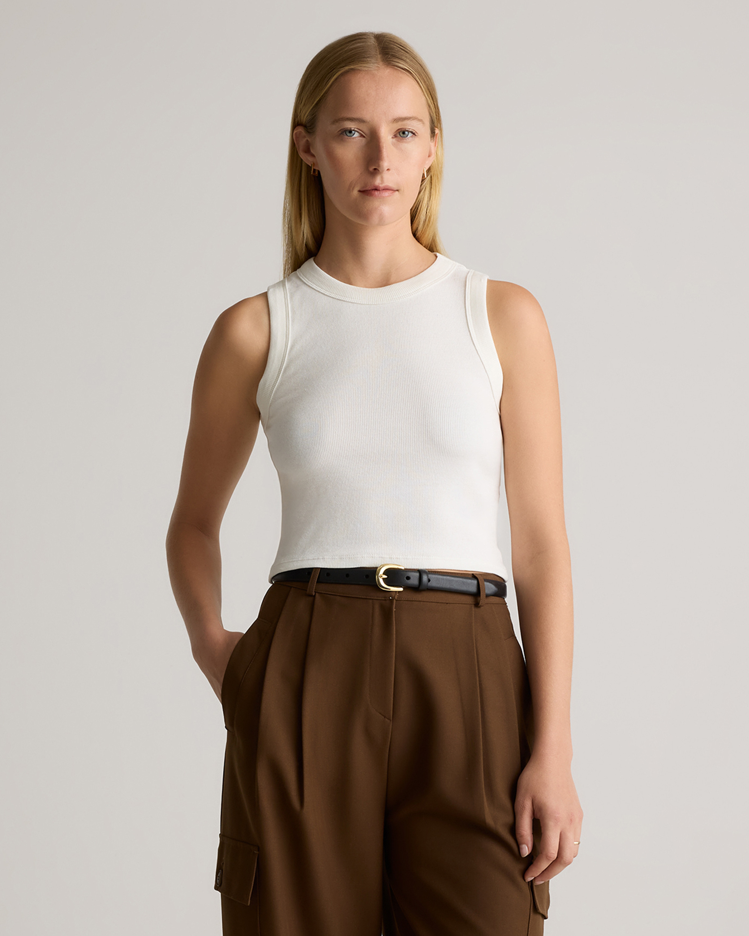 Quince | Women's Micro-Rib Cropped Cutaway Tank Top in White, Size Small, Organic Cotton | Quince