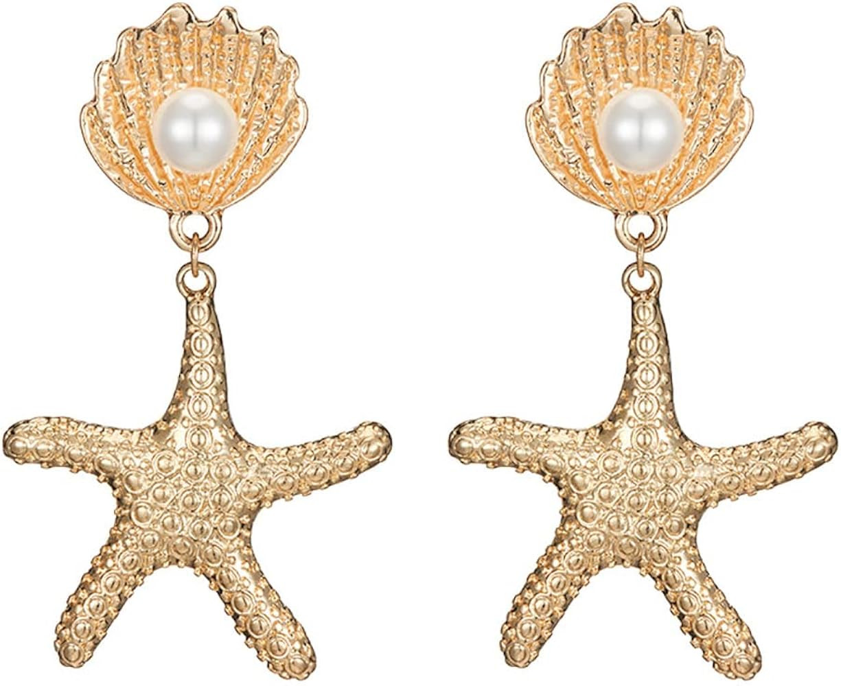 Doubnine Sea Star Starfish Earrings Golden Hoop Dangle Mermaid Beach Statement Summerfeels Festvi... | Amazon (US)