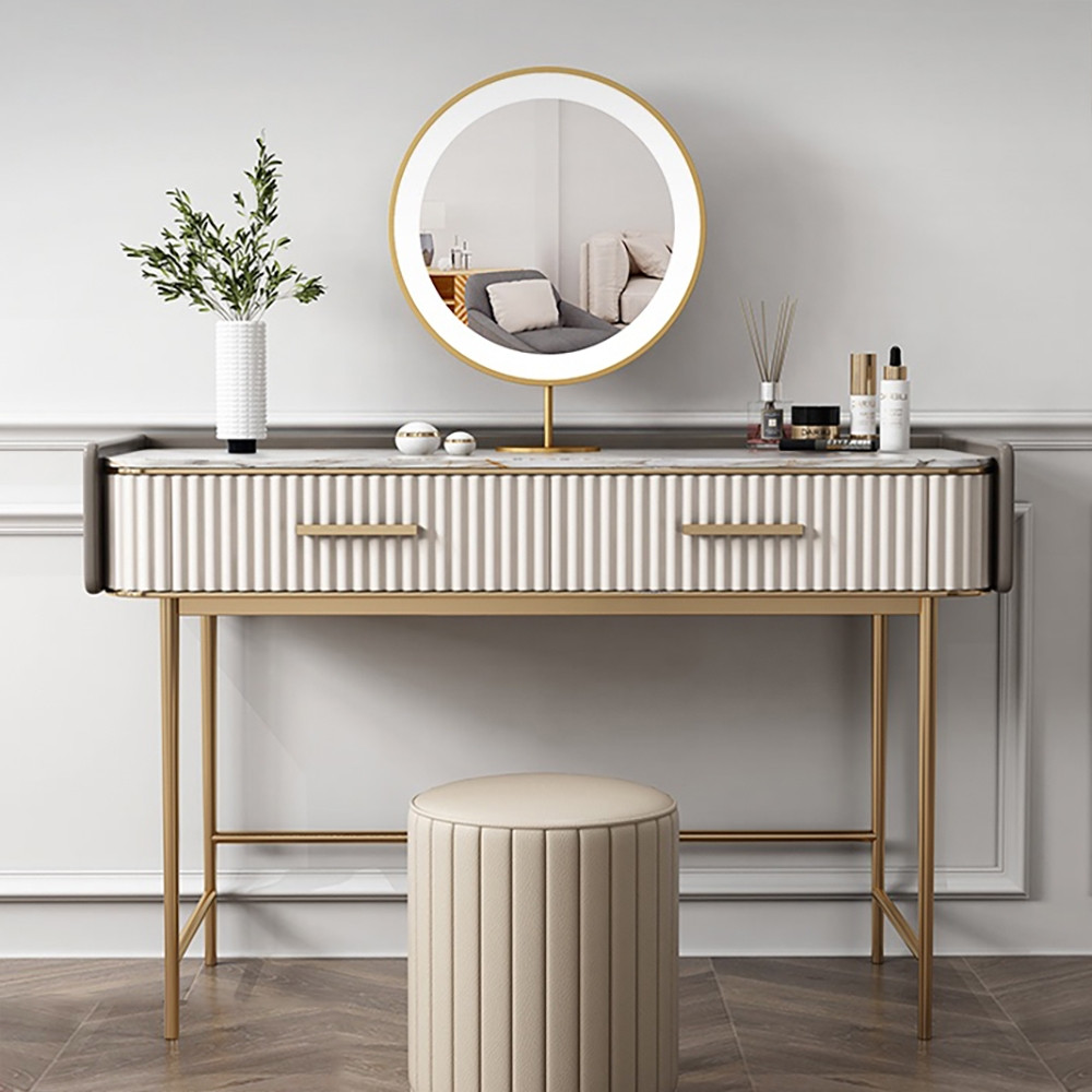 48" Modern Off White Makeup Vanity Stone Top 2-Drawer Dressing Table | Homary.com