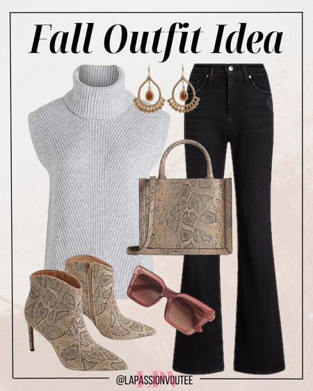 Fall outfit idea for women! Embrace autumn vibes with style: Slip into a chic turtleneck sleeveless sweater paired with classic black jeans. Elevate the look with fierce snake skin boots, grab a trendy mini totebag, and add a touch of mystery with sleek sunglasses. Fall fashion just reached a whole new level of sophistication!

#LTKworkwear #LTKSeasonal #LTKstyletip