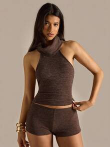 SHEIN BAE Brown Fashionable Sexy High Collar Cashmere Comfortable Ribbed Knitted Pullover Vest Suitable For Old Money Style, Country Cottage, Back To School Season, Casual Suit, Cute Suit, Business Casual, Party, Club | SHEIN