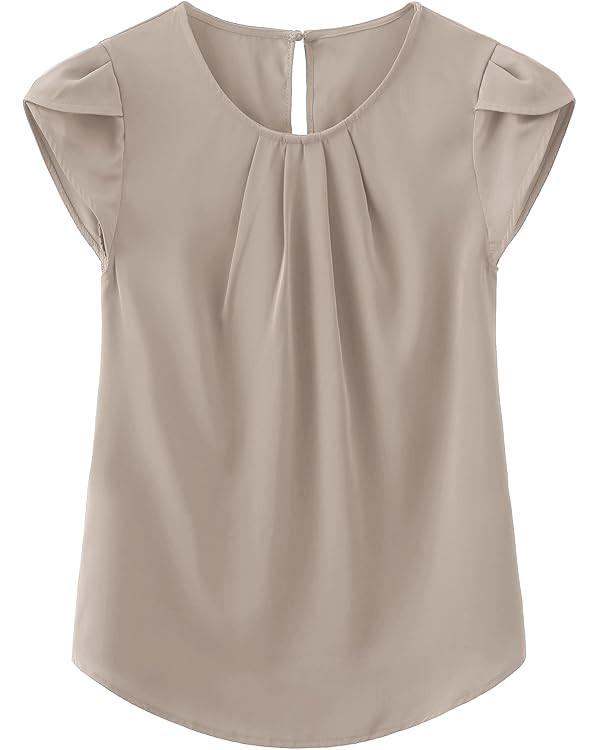 TASAMO Women's Casual Round Neck Basic Pleated Top Cap Sleeve Curved Keyhole Back Chiffon Blouse | Amazon (US)
