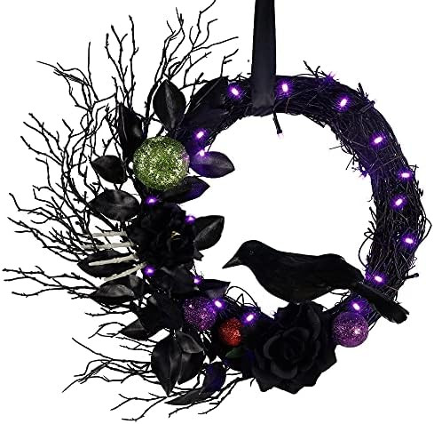 Twinkle Star Halloween Lighted Wreath, Pre-lit Black Wreaths with Rose and Feathered Crow Light U... | Amazon (US)