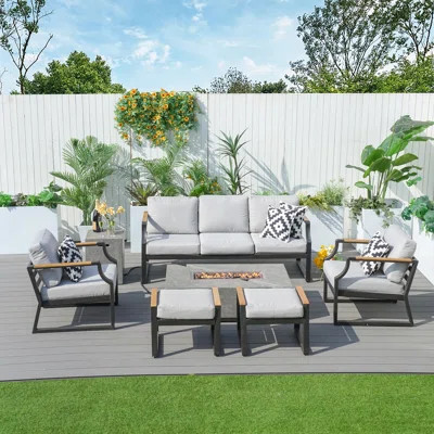 Flinda Metal 7 - Person Outdoor Seating Group With Fire Pit And Cushions | Wayfair North America