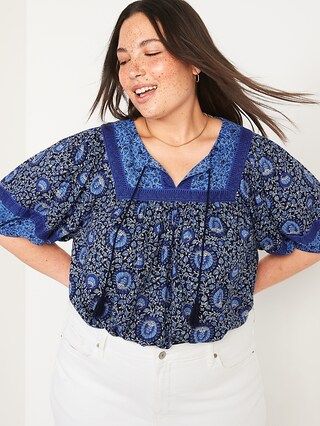 Elbow-Length Split-Neck Floral-Print Poet Swing Blouse for Women | Old Navy (US)