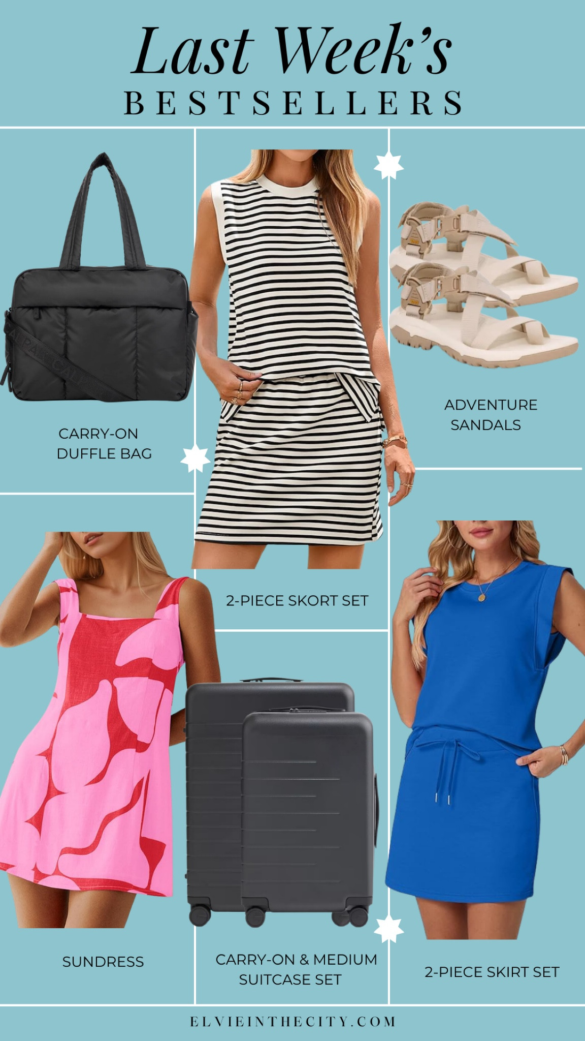Last week’s bestsellers include a carry-on duffle bag, a pink and red sundress, a striped top and skort set, a medium and carry-on suitcase set, adventure sandals, and a two-piece tank and skirt set. 

Bestsellers, vacation must haves, vacation outfit, affordable fashion, fashion over 40, over 50 style 

#LTKdayinmylife #LTKTravel #LTKOver40