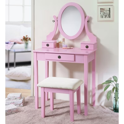 Kumasinova Elegant Makeup Vanity Desk Set with Stool,3-Drawer Wooden Dressing Table with Adjustable Mirror,Vanity Table for Bedroom,Pink | Target