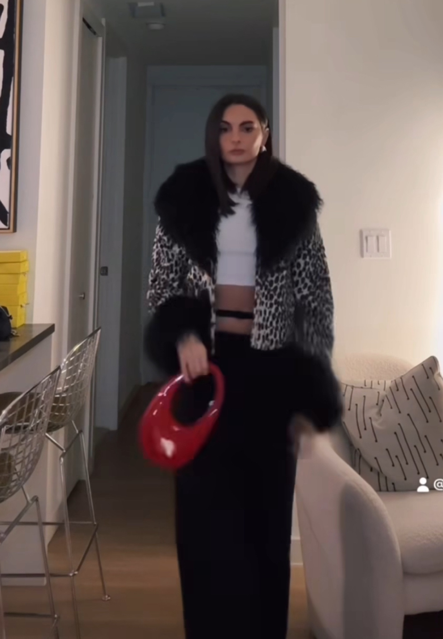 Mobwife or the nanny?

Either way Paige de Sorbo continues to slayin this white leopard fur coat.  The red patent leather bag is a nice touch as well.  

Pants are on sale and almost sold out.  

Her red bag is by Coperni.  It’s gorgeous but pricey.  I’ve included a dupe and a few more that are different but give off a similar vibe 