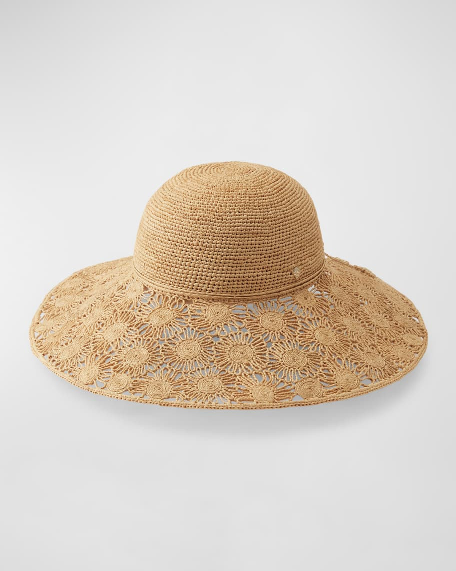 Helen Kaminski Floral Crocheted Raffia Wide Brim Hat | Neiman Marcus