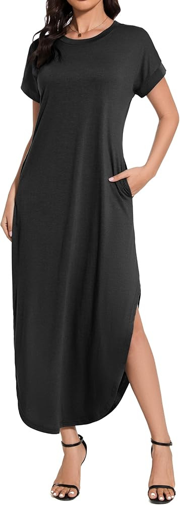 Jeqeocafy Women Summer Long Sundress Crewneck Short Sleeve Maxi Dress 2026 Casual Loose Beach Dre... | Amazon (US)