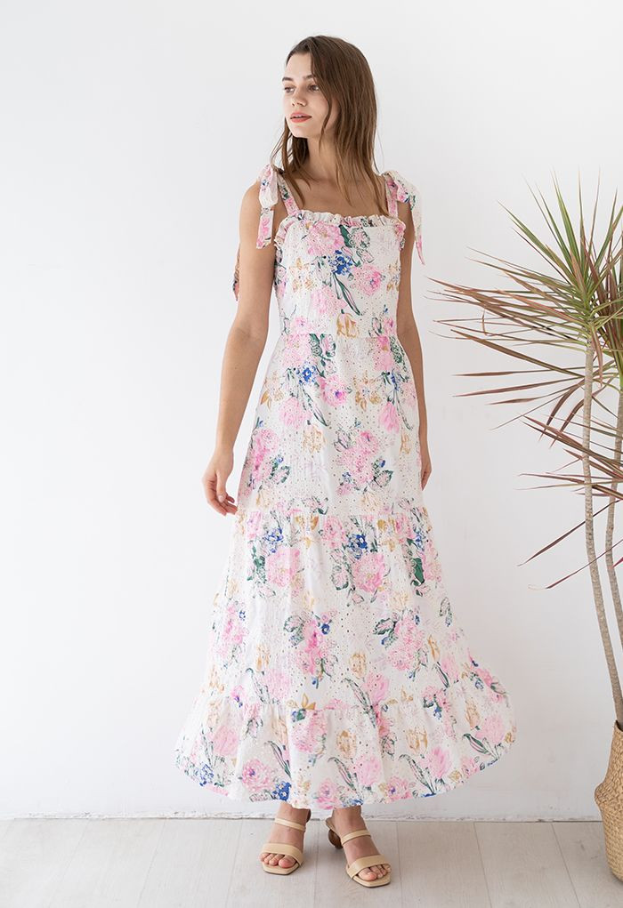 Pink Floral Embroidered Eyelet Tie-Strap Maxi Dress | Chicwish