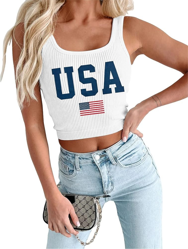 USA Crop Tops for Women American Flag Tank Top Patriotic 4th of July Tops Memorial Day Crop Shirt | Amazon (US)
