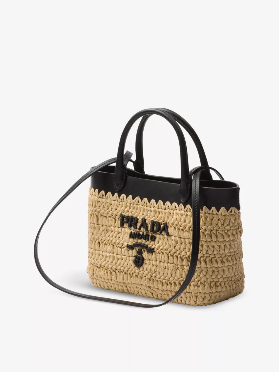 Logo-embroidered mini crochet and leather tote bag | Selfridges