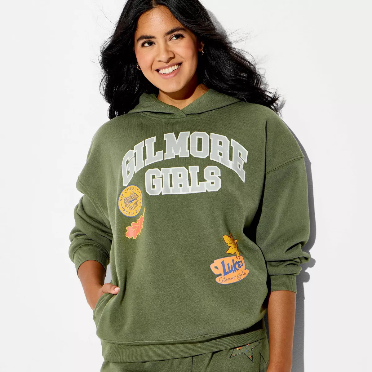 Women's Hooded Gilmore Girls Patch Graphic Pullover Sweatshirt - Olive Green XXS | Target