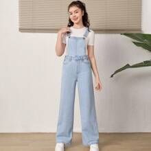 Teen Girls Patched Pocket Denim Overalls Without Tee | SHEIN